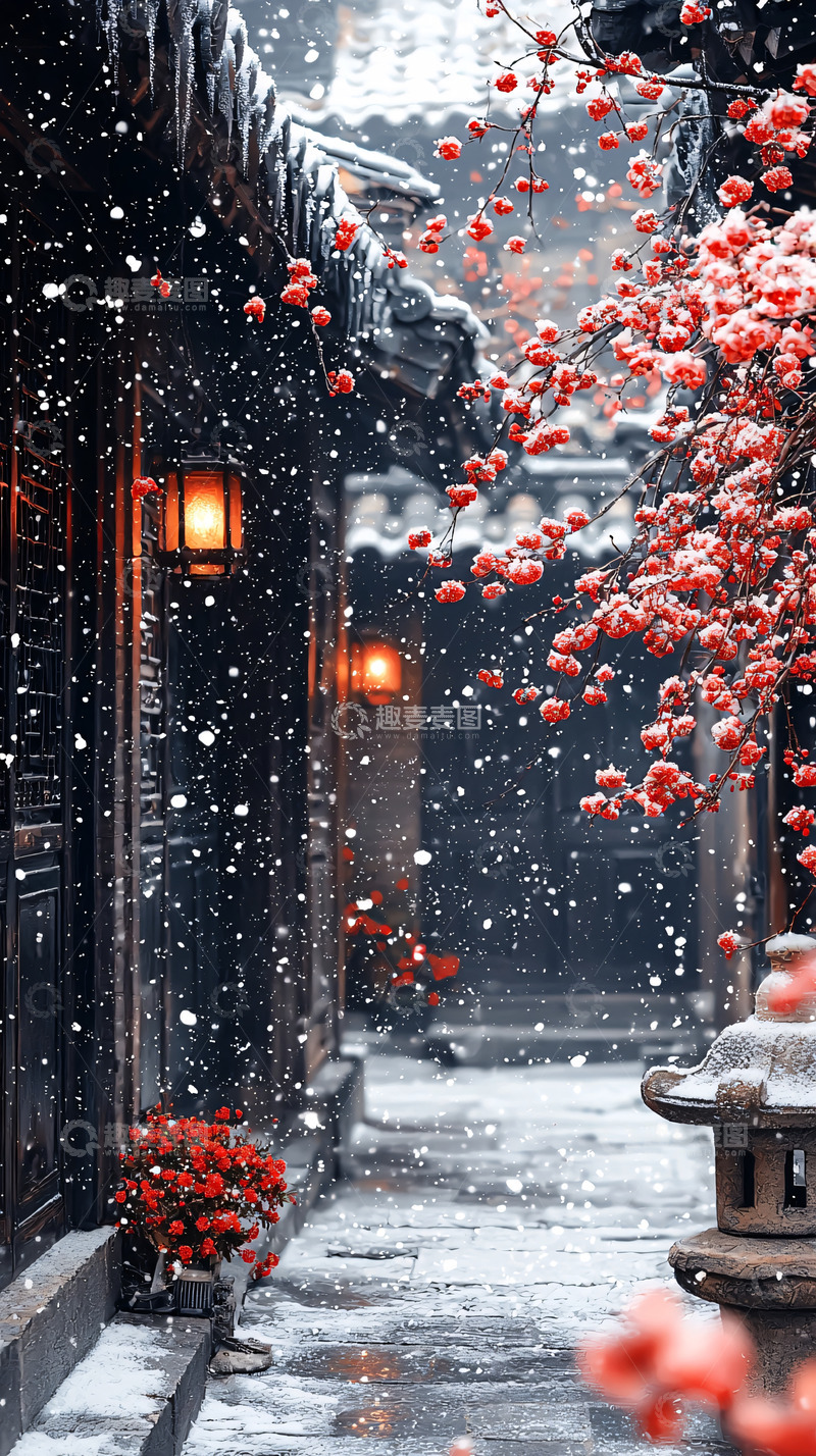 高清大图下载【趣麦麦图】雪中红梅古镇