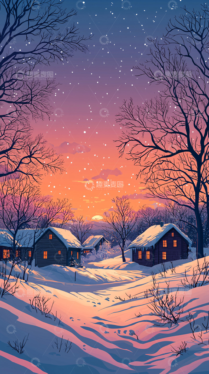 高清大图下载【趣麦麦图】冬日雪景村庄日落