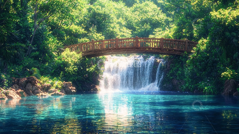 高清大图下载【趣麦麦图】宁静的森林瀑布小桥流水