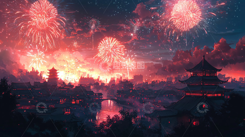 高清大图下载【趣麦麦图】夜空中绽放的红色烟花