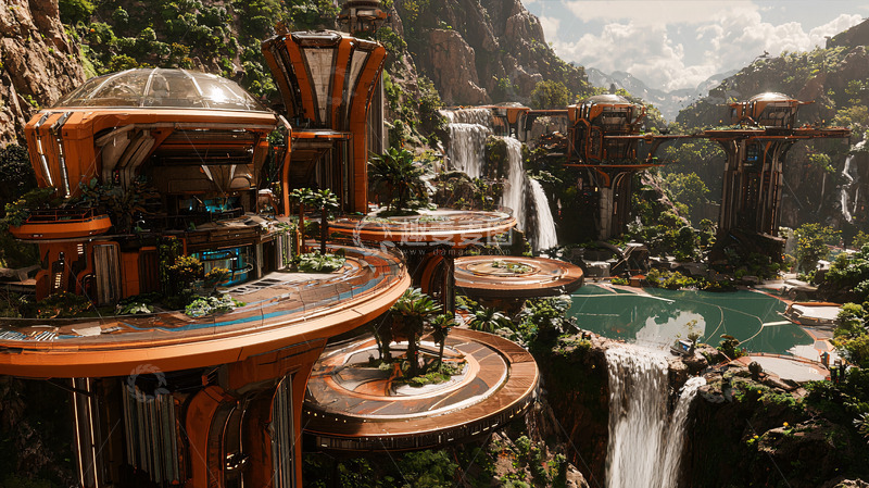 高清大图下载【趣麦麦图】未来都市瀑布景观