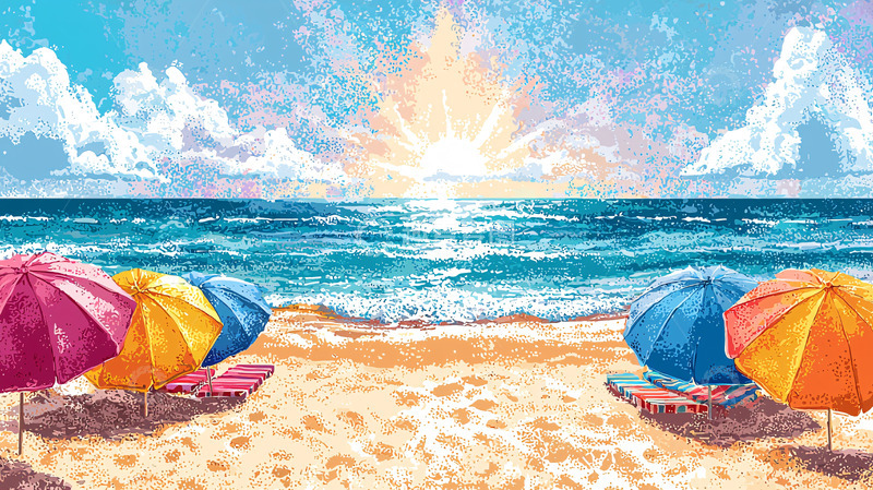 高清大图下载【趣麦麦图】海滩日落沙滩伞