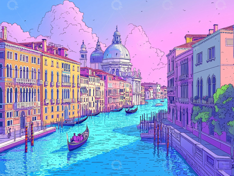 高清大图下载【趣麦麦图】威尼斯运河彩色插画
