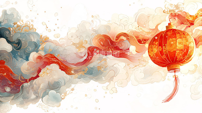 高清大图下载【趣麦麦图】水墨风灯笼与云雾缭绕