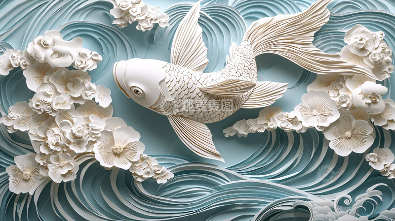 高清大图下载【趣麦麦图】白色锦鲤与水波纹和花