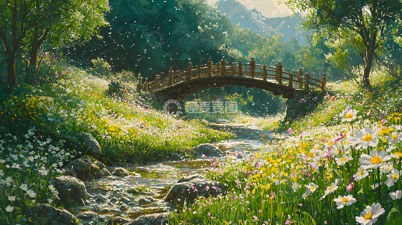 高清大图下载【趣麦麦图】阳光下的木桥溪流