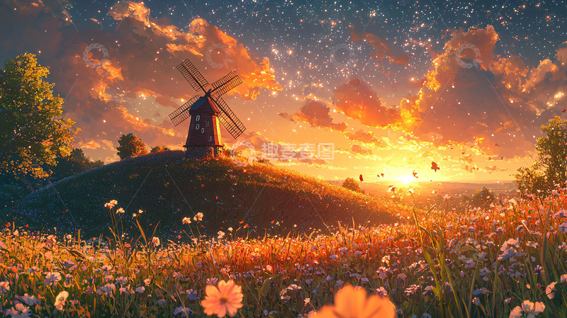 高清大图下载【趣麦麦图】夕阳下的古老风车
