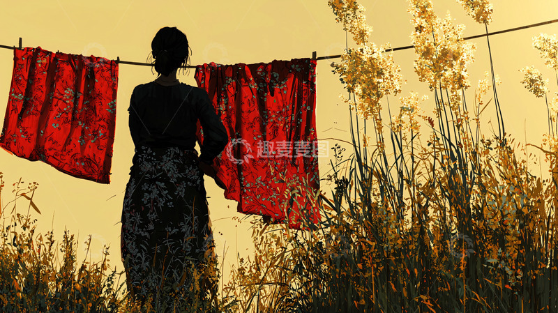 高清大图下载【趣麦麦图】夕阳下晾晒红色衣物女子
