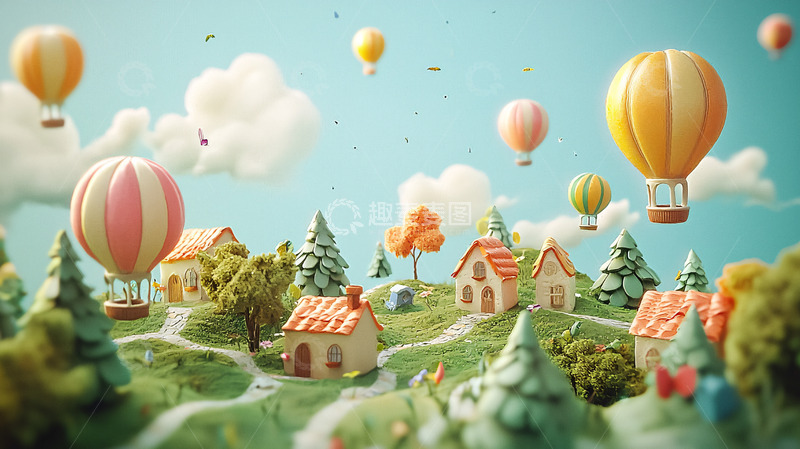 高清大图下载【趣麦麦图】梦幻热气球小镇