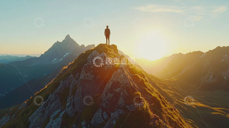 高清大图下载【趣麦麦图】日出山峰上的孤独身影