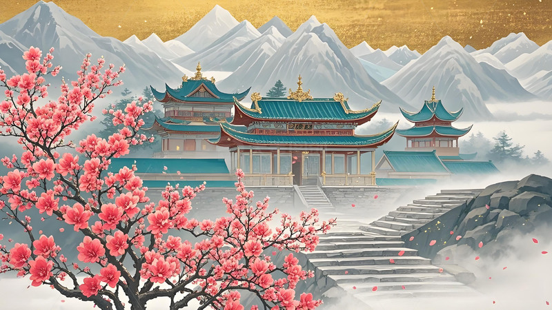 高清大图下载【趣麦麦图】中国风山水花鸟意境工笔画雪山屏风树木5