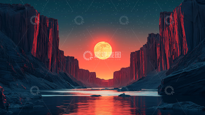高清大图下载【趣麦麦图】峡谷红月夜色