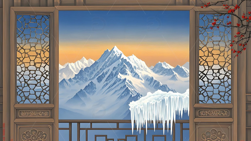 高清大图下载【趣麦麦图】中国风山水花鸟意境工笔画雪山屏风树木11