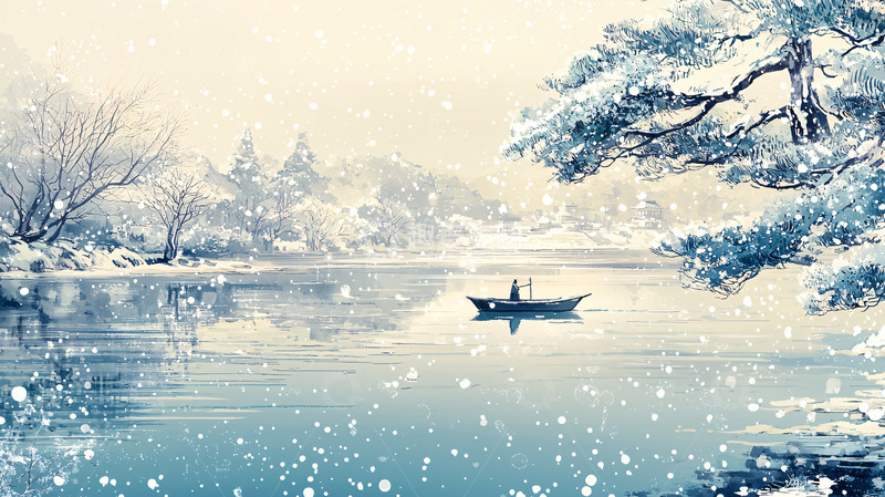 高清大图下载【趣麦麦图】冬日雪景湖泊独舟