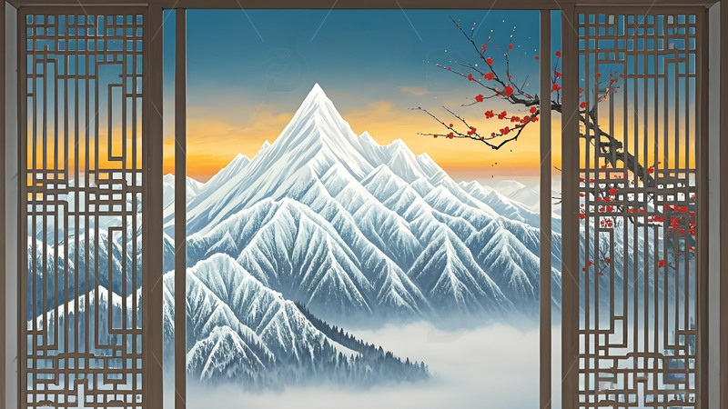 高清大图下载【趣麦麦图】中国风山水花鸟意境工笔画雪山屏风树木9