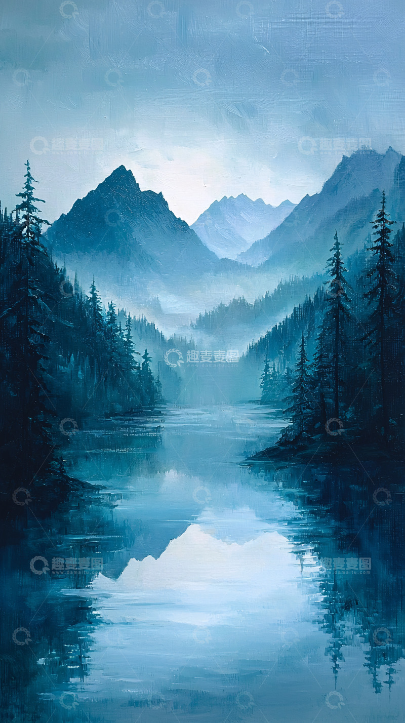 高清大图下载【趣麦麦图】静谧的蓝色山峦湖泊景色