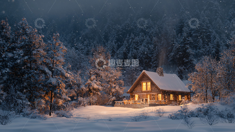 高清大图下载【趣麦麦图】冬日雪夜的小木屋