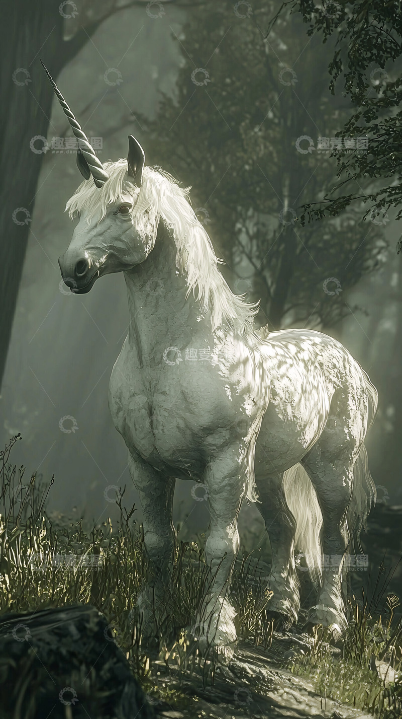 高清大图下载【趣麦麦图】森林中的白色独角兽