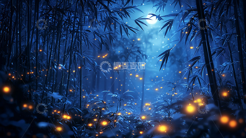 高清大图下载【趣麦麦图】蓝光竹林萤火夜景