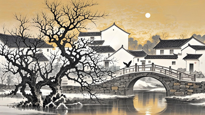 高清大图下载【趣麦麦图】中国风山水花鸟意境工笔画雪山屏风树木6