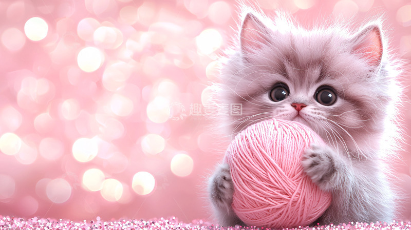 高清大图下载【趣麦麦图】可爱猫咪粉色毛线球