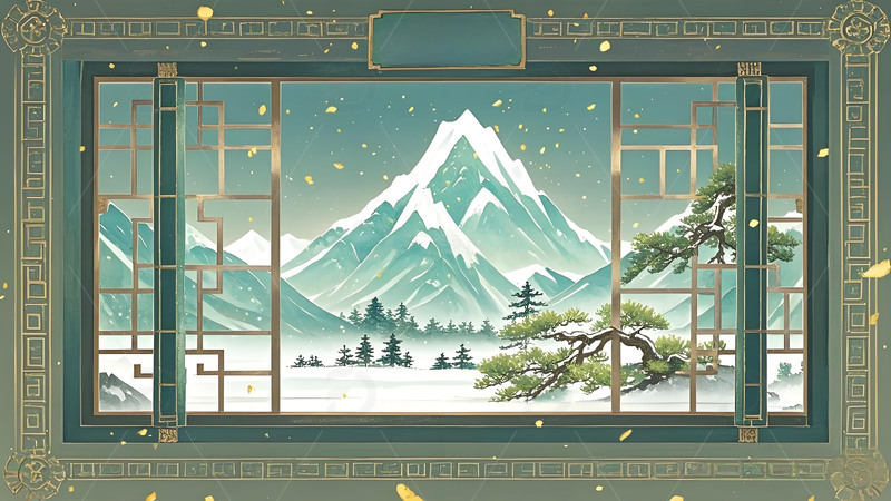 高清大图下载【趣麦麦图】中国风工笔画山水花鸟意境雪山树木屏风壁画1