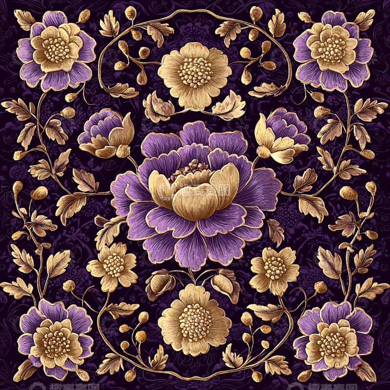 高清大图下载【趣麦麦图】紫色金色花卉装饰画