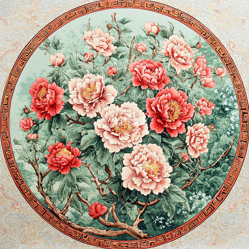 高清大图下载【趣麦麦图】圆形牡丹花图案
