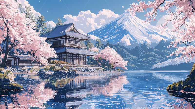 高清大图下载【趣麦麦图】富士山樱花日式建筑