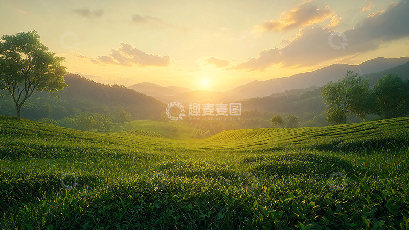 高清大图下载【趣麦麦图】绿色山丘的日出风景