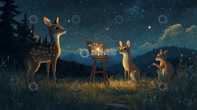 高清大图下载【趣麦麦图】星空下的小鹿绘画