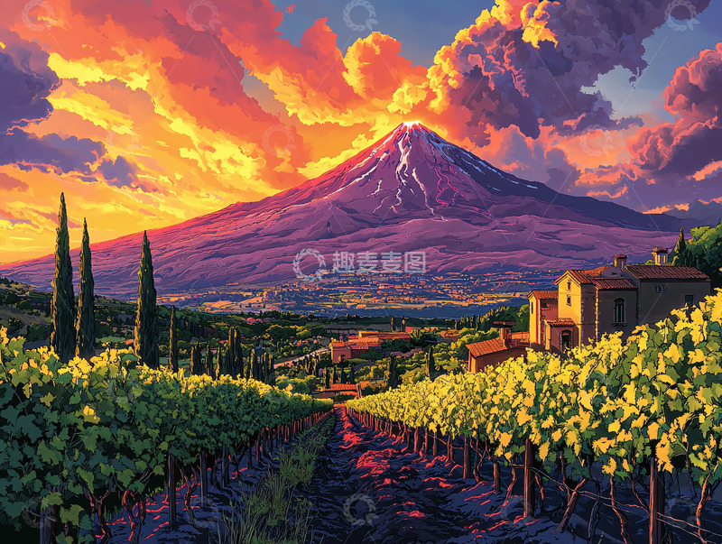 高清大图下载【趣麦麦图】日落火山葡萄园风景画