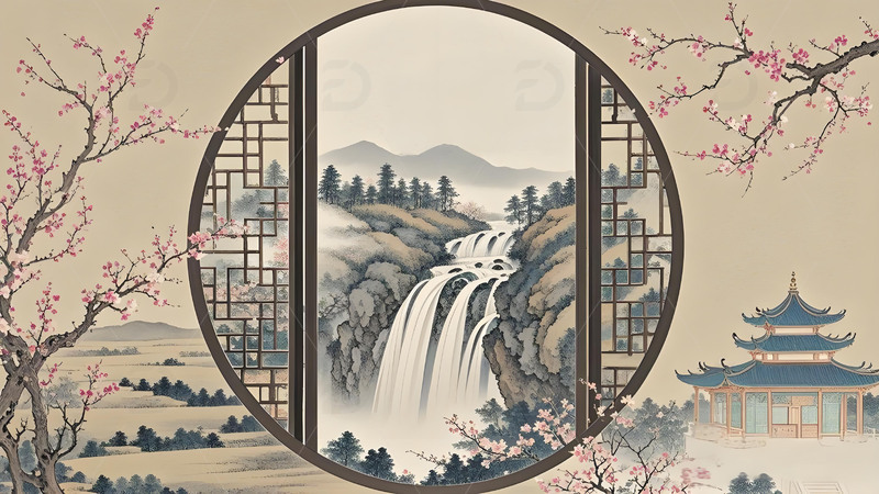 高清大图下载【趣麦麦图】中国风山水花鸟意境工笔画雪山屏风树木25