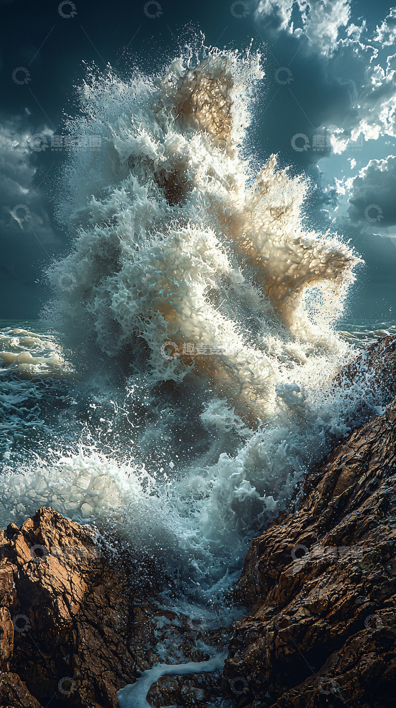 高清大图下载【趣麦麦图】狂暴海浪冲击礁石