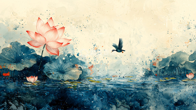 高清大图下载【趣麦麦图】水墨荷花鸟