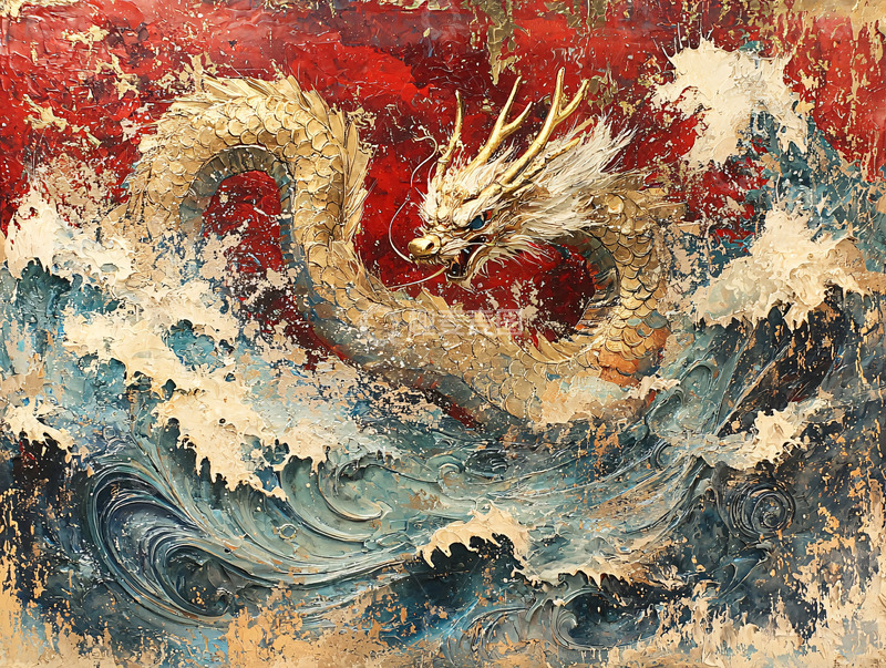 高清大图下载【趣麦麦图】金色巨龙戏浪图