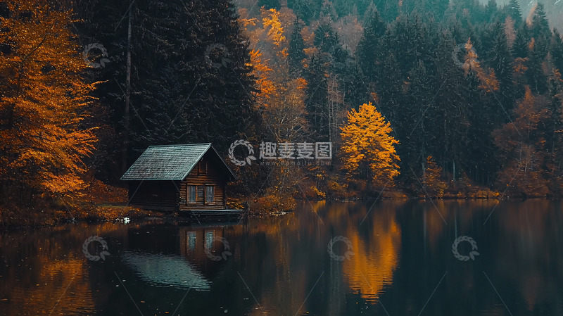 高清大图下载【趣麦麦图】秋日湖边木屋