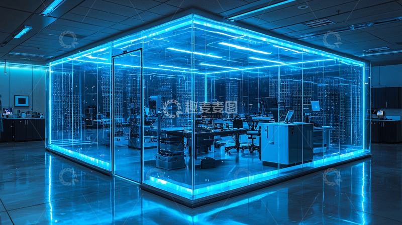 高清大图下载【趣麦麦图】蓝色光线环绕的透明办公室