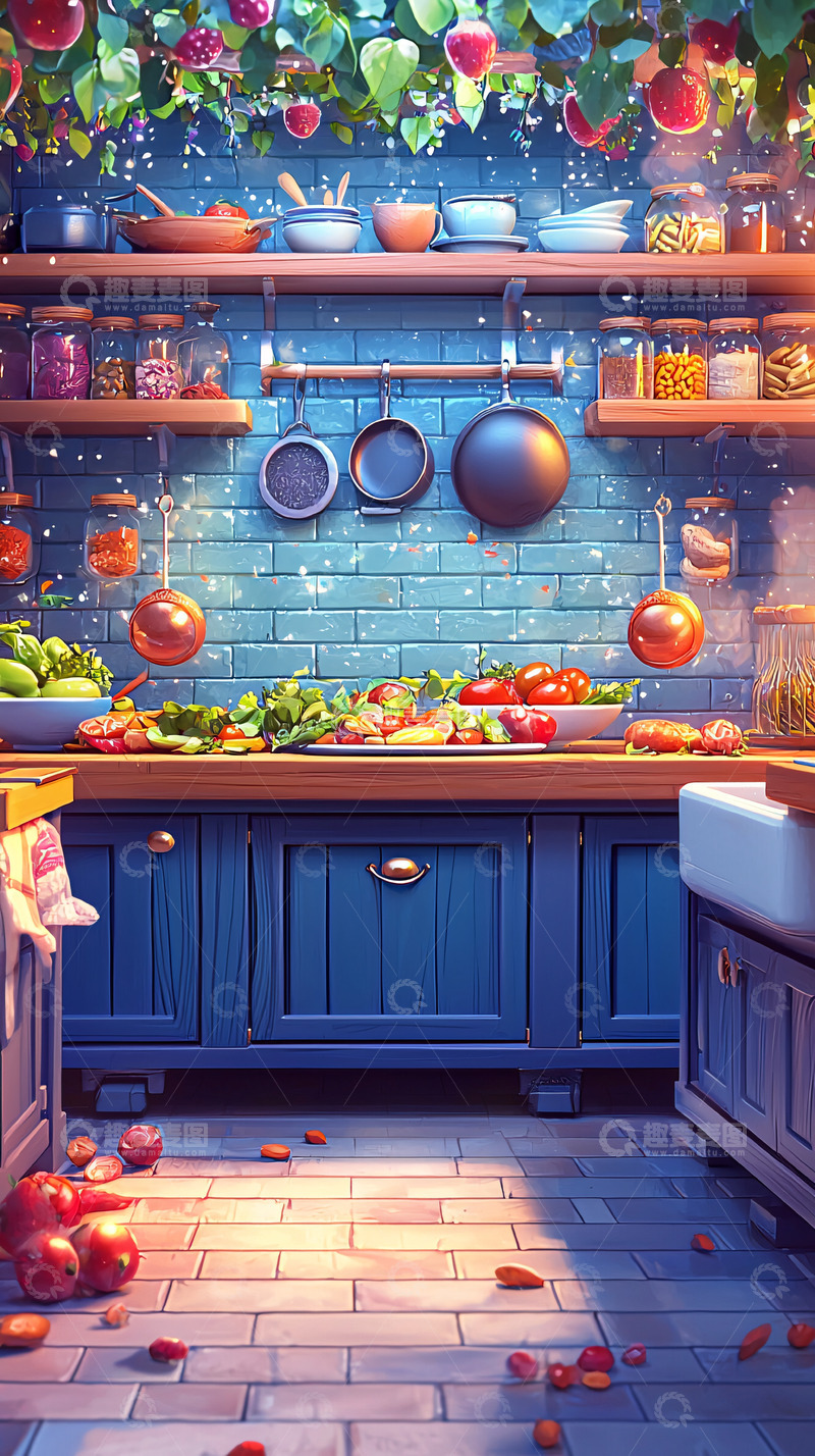 高清大图下载【趣麦麦图】梦幻蓝色田园风格厨房