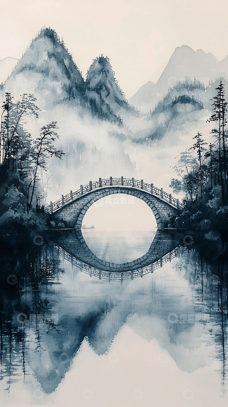 高清大图下载【趣麦麦图】水墨山水桥梁倒影