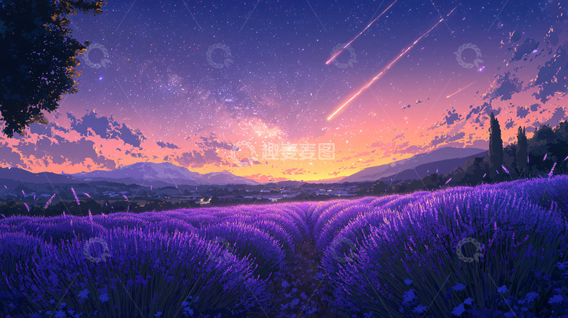 高清大图下载【趣麦麦图】紫色薰衣草田流星雨日落
