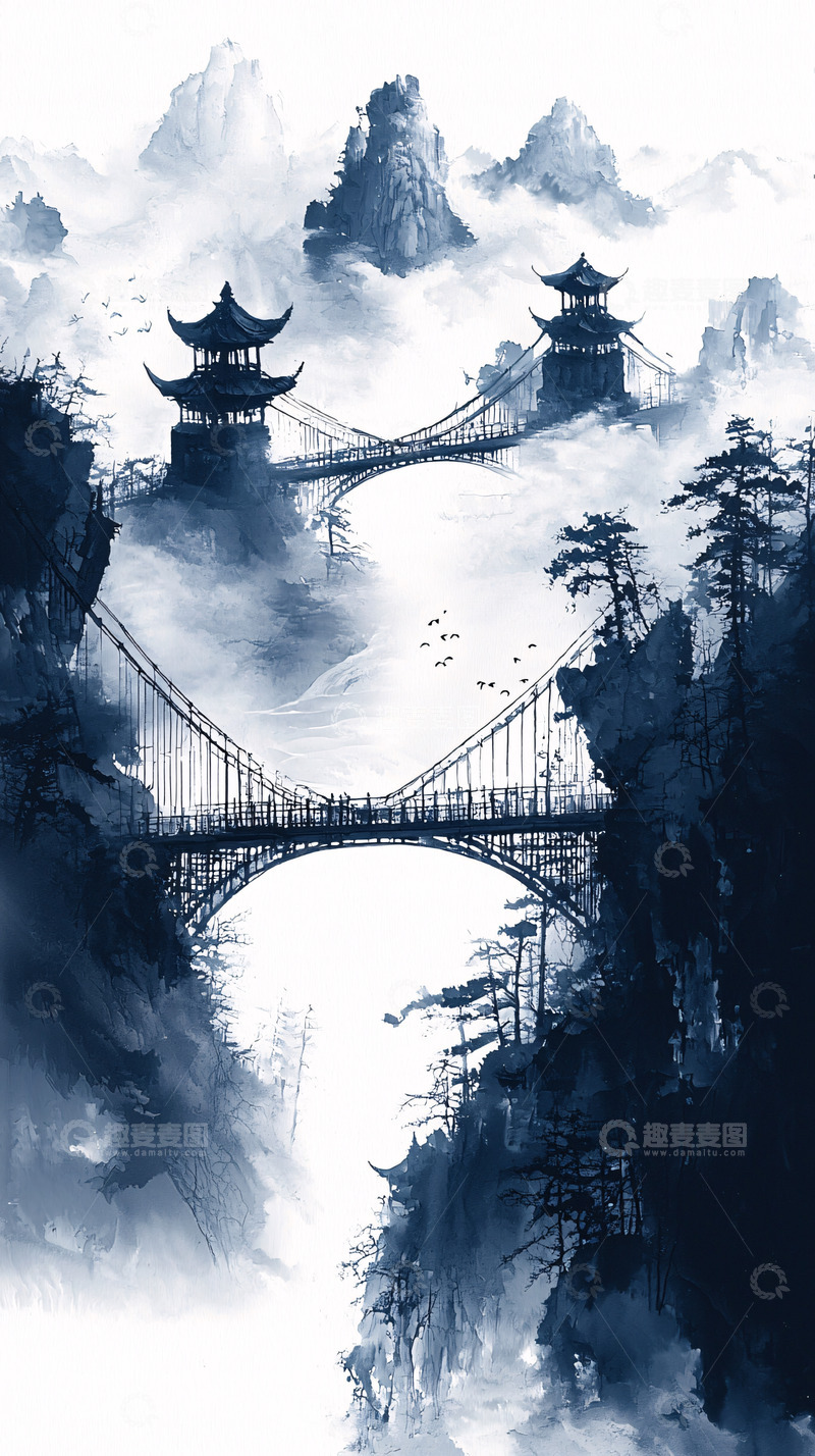 高清大图下载【趣麦麦图】水墨风山水楼阁桥梁