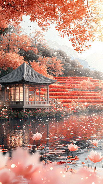 秋日红枫亭台水景