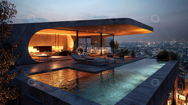 高清大图下载【趣麦麦图】现代风格顶层豪宅夜景