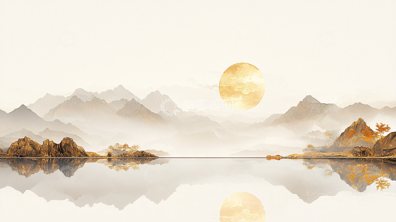 高清大图下载【趣麦麦图】水墨山水金色圆月朦胧意境