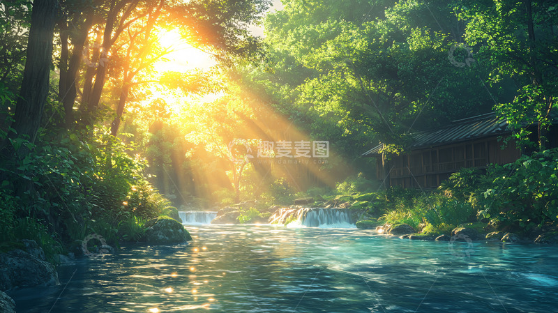 高清大图下载【趣麦麦图】阳光森林溪流