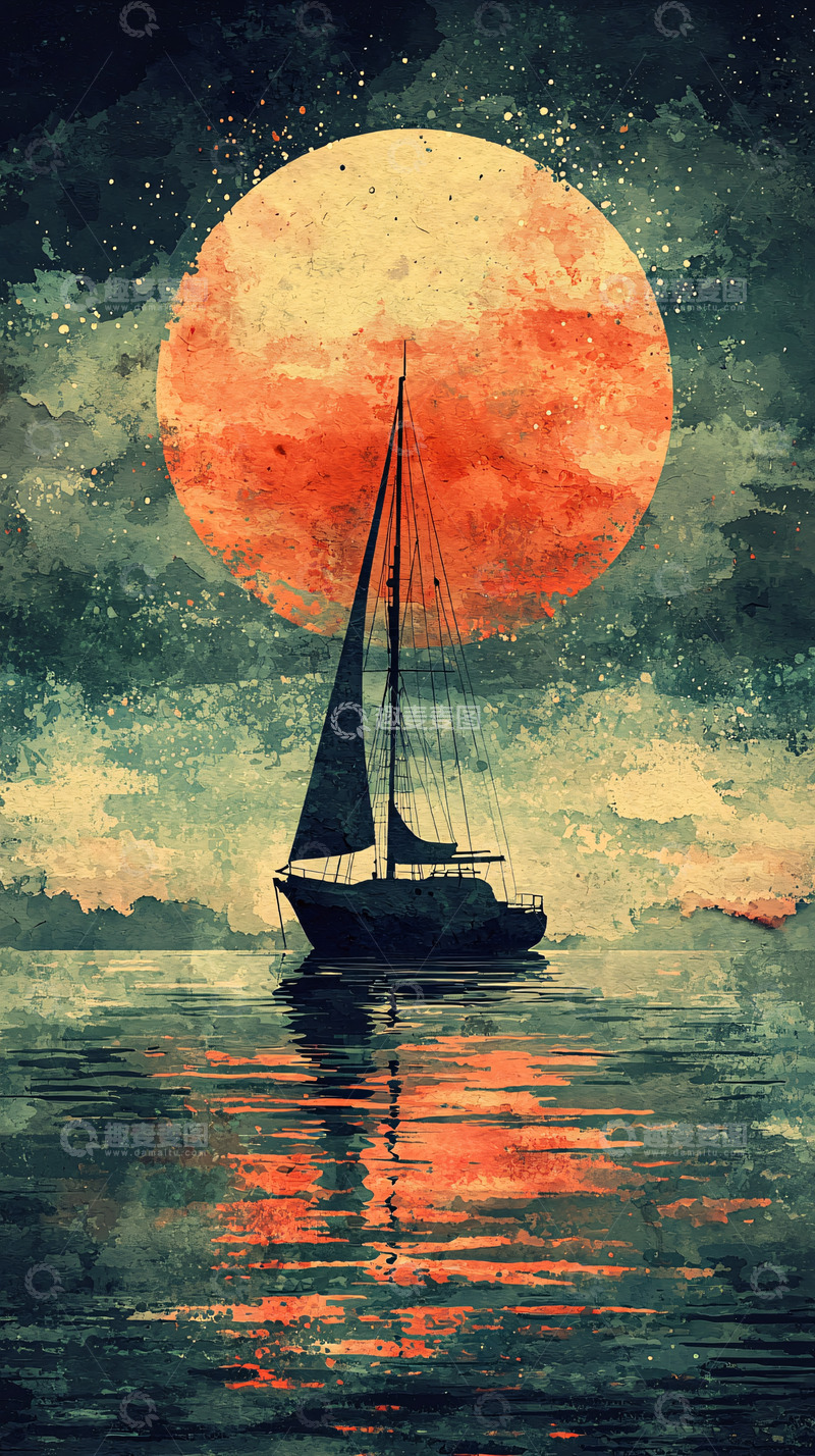 高清大图下载【趣麦麦图】航行在血色月亮下的帆船