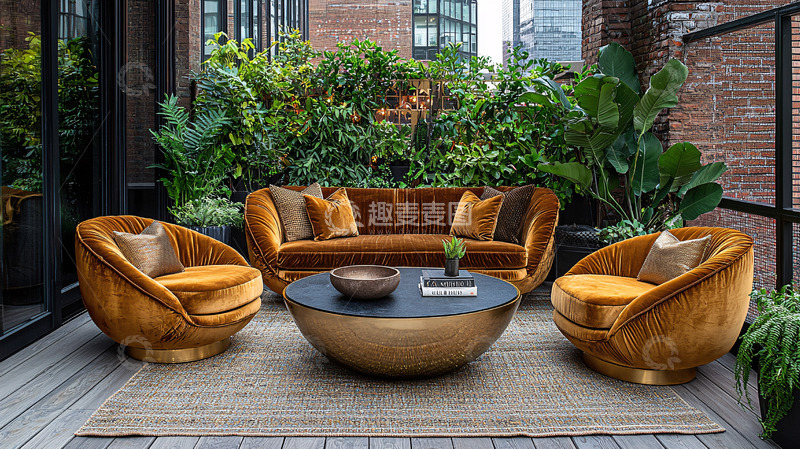 高清大图下载【趣麦麦图】户外金色绒面沙发套装