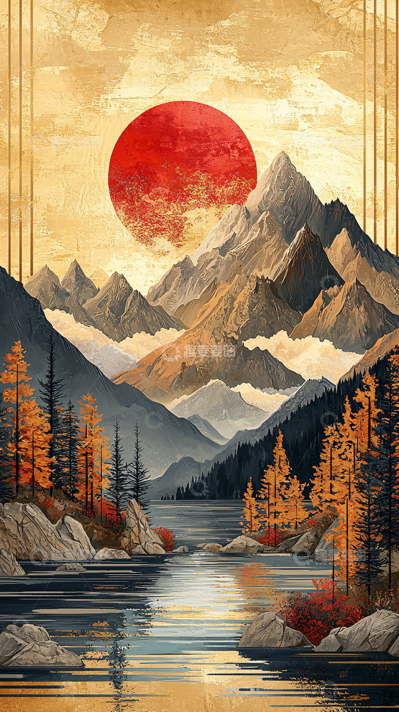 高清大图下载【趣麦麦图】山水风景红日油画风格