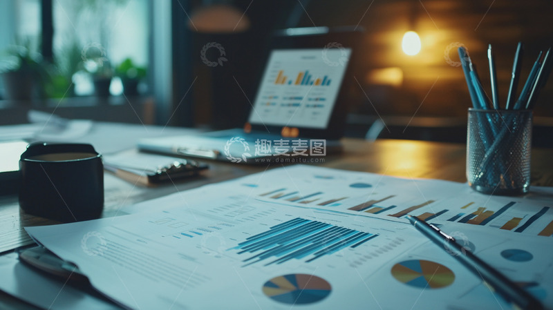高清大图下载【趣麦麦图】办公桌上的财务报表和笔记本电脑